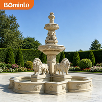 Fontaine Monumentale en Marbre Beige à Quatre Lions, Sculpture à Plusieurs Niveaux, Fontaine d'Extérieur pour Jardin, Décoration de Luxe pour Hôtels, Villas et Places Publiques
