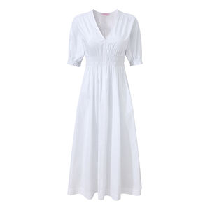 เดรสผ้าฝ้ายทอเนื้อแน่นสไตล์วินเทจสำหรับผู้หญิง ทรงเอ ความยาวปานกลาง คอวี แขนสั้น เอวสูง เหมาะสำหรับใส่ทำงานหรือใส่ลำลองในฤดูร้อน - Product Image 4