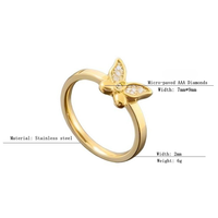 Bague Papillon en Acier Inoxydable avec Micro-Pavé de Zircon Cubique 7x9mm pour Femme – Vente en Gros – En Stock