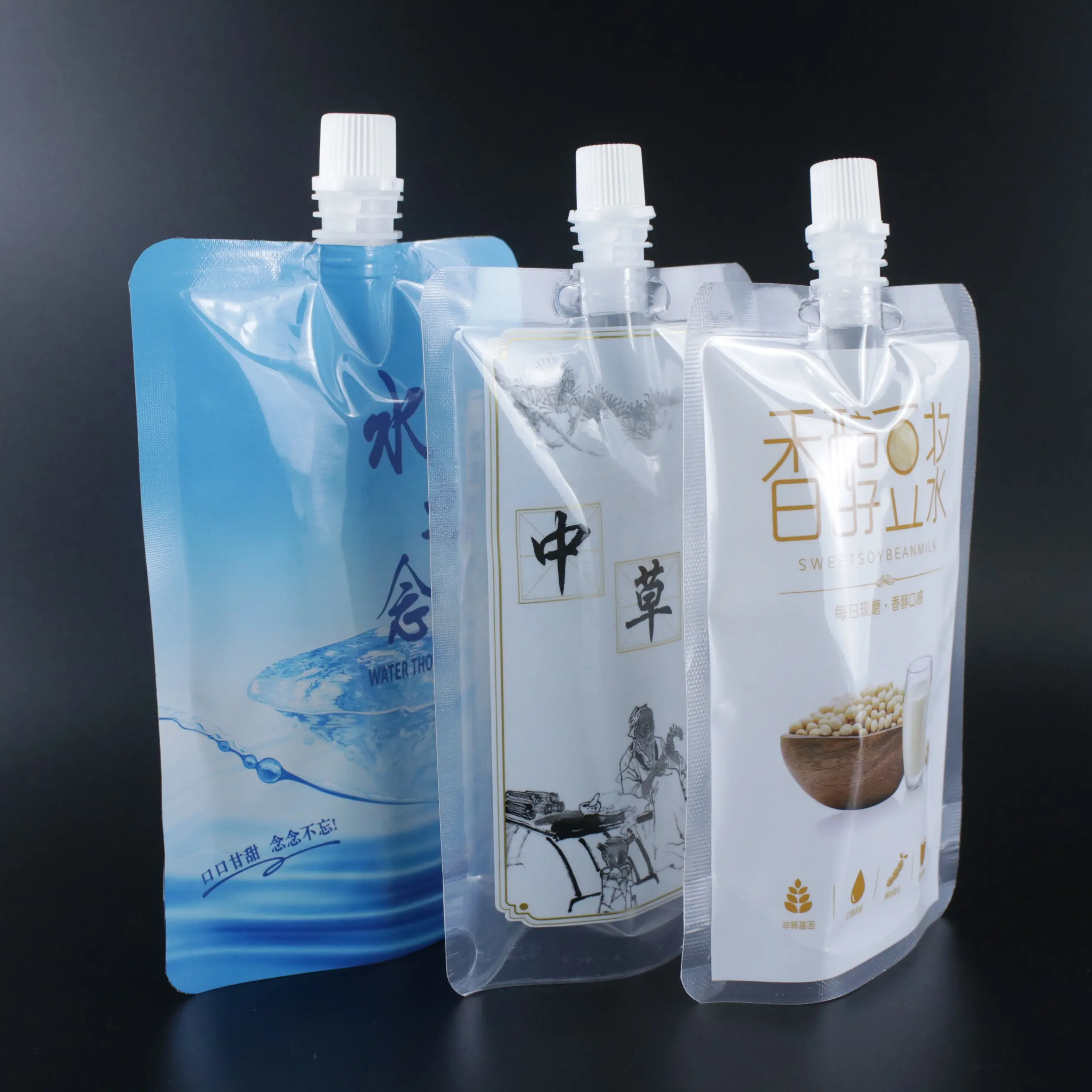 Tas minuman cair jus untuk kantung jeli tas berdiri dengan air mineral kantong moncong atas plastik