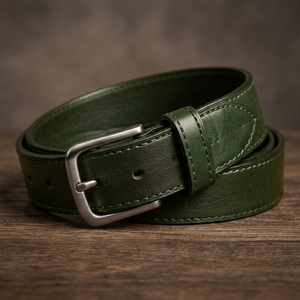 Ceinture en cuir véritable vert uni avec boucle ardillon rectangulaire argentée, décontractée et durable pour homme - Product Image 1