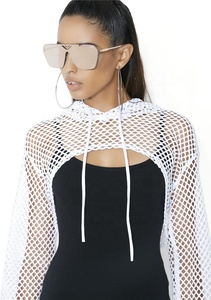 Women White Custom <strong>Fishnet</strong> Cut Out Crop <strong>Top</strong> Pullover Hoodie - Product Image 4
