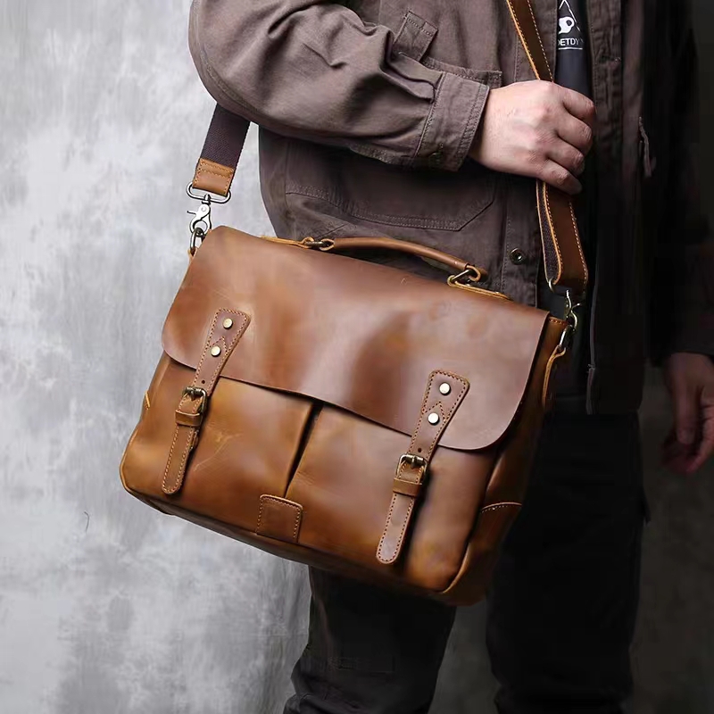 Bolsa mensageiro vintage para laptop masculina, bolsa mensageiro em couro de cavalo louco, bolsa para laptop em couro legítimo