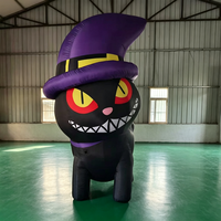 Chapeau de sorcière géant gonflable de chat noir d'Halloween, mascotte avec yeux et crocs maléfiques, pour décoration extérieure de jardin et maison hantée