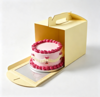 Boîte en carton ondulé personnalisée de haute qualité avec poignée, matériaux de qualité alimentaire pour l'emballage de gâteaux d'anniversaire, avec fenêtre en PET et logo imprimé