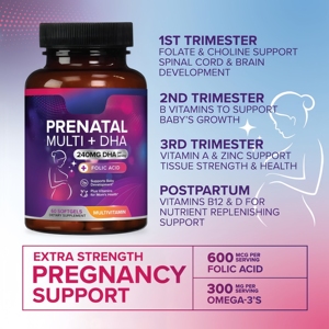 Vitaminas Prenatales de Marca Propia con Ácido Fólico y Omega 3 DHA, Multivitamínico Diario para el <span class=keywords><strong>Embarazo</strong></span> Sin OMG, 60 Cápsulas Blandas - Product Image 5