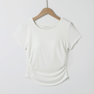 T-shirt RNSHANGER da <span class=keywords><strong>donna</strong></span>, girocollo, <span class=keywords><strong>maniche</strong></span> <span class=keywords><strong>corte</strong></span>, traspirante, estiva, casual, slim fit, con dettagli arricciati sui lati. - Product Image 3