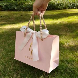 Sac fourre-tout en carton ivoire haut de gamme, rose tendance, fait main, sac en papier de qualité supérieure avec impression en gravure, sac cadeau épais pour magasin de vêtements - Product Image 3