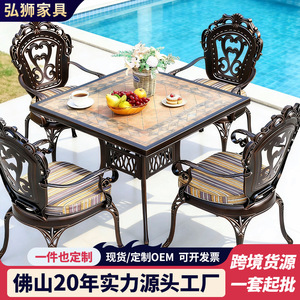 Outdoor Cast Aluminum <b>Table</b> Set With Marble Top 6 Chairs Traditional Style For Courtyard Patio <b>Balcony</b> Durable Waterproof - Product Image 5
