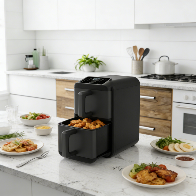 10L Electric Square Stainless Steel Dual Basket Air Fryer 2900W Double Pot Digital Touch Control Easy Clean Oil-Free for