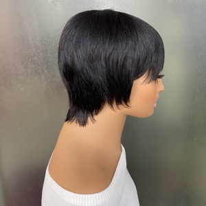 Perruque <span class=keywords><strong>Cheveux</strong></span> Brésiliens Remy Noir Naturel <span class=keywords><strong>Courts</strong></span> à Couper <span class=keywords><strong>avec</strong></span> <span class=keywords><strong>Frange</strong></span>, Bonnet en Filet Rose, Ajustement Sécurisé, Densité 150%, Pour Coiffures Quotidiennes et Formelles - Product Image 3