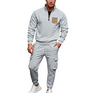 Men's Light Gray Quarter-Zip Sweatshirt Set Solid Color French Terry Cargo Pants Casual Autumn Wear - Product Image 5