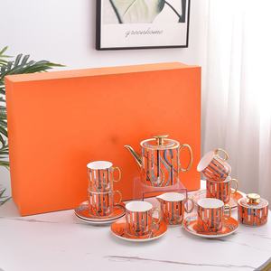 Ensemble de thé en céramique à motif sceptre orange, 11 ou 15 pièces, avec poignée dorée, en porcelaine fine, idéal pour un cadeau - Product Image 6