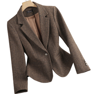 Brown Wool Blazer For Women Slim Fit Full Sleeve Suit Collar Warm Coat Houndstooth Pattern Spring Winter 2025 Petite Size - Product Image 5