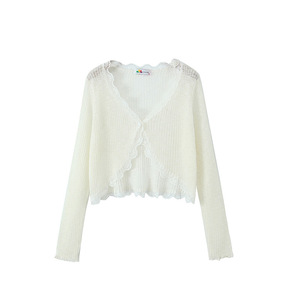 Cárdigan de punto con ribete de encaje Happy Pl, color albaricoque y blanco, para mujer, talla grande, cuello en V, con volantes, chal ligero para primavera/verano N8935 - Product Image 4