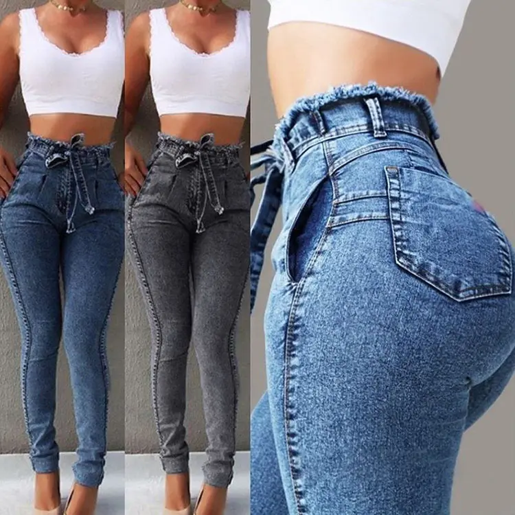 ODM OEM Fashion Jeans donna Jeans danneggiati attillati Super Skinny strappati a vita alta Jeans Denim da donna personalizzati