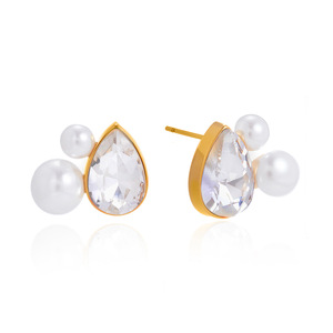Boucles d'oreilles pendantes en forme de goutte d'eau, perle et strass, plaqué or, acier inoxydable, sertissage clos, bijoux fantaisie, cadeau - Product Image 5