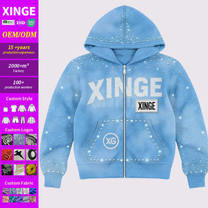 Sweat-shirt à capuche zippé surdimensionné pour homme en coton personnalisé bleu clair avec lettres en strass, style streetwear - Product Image 1