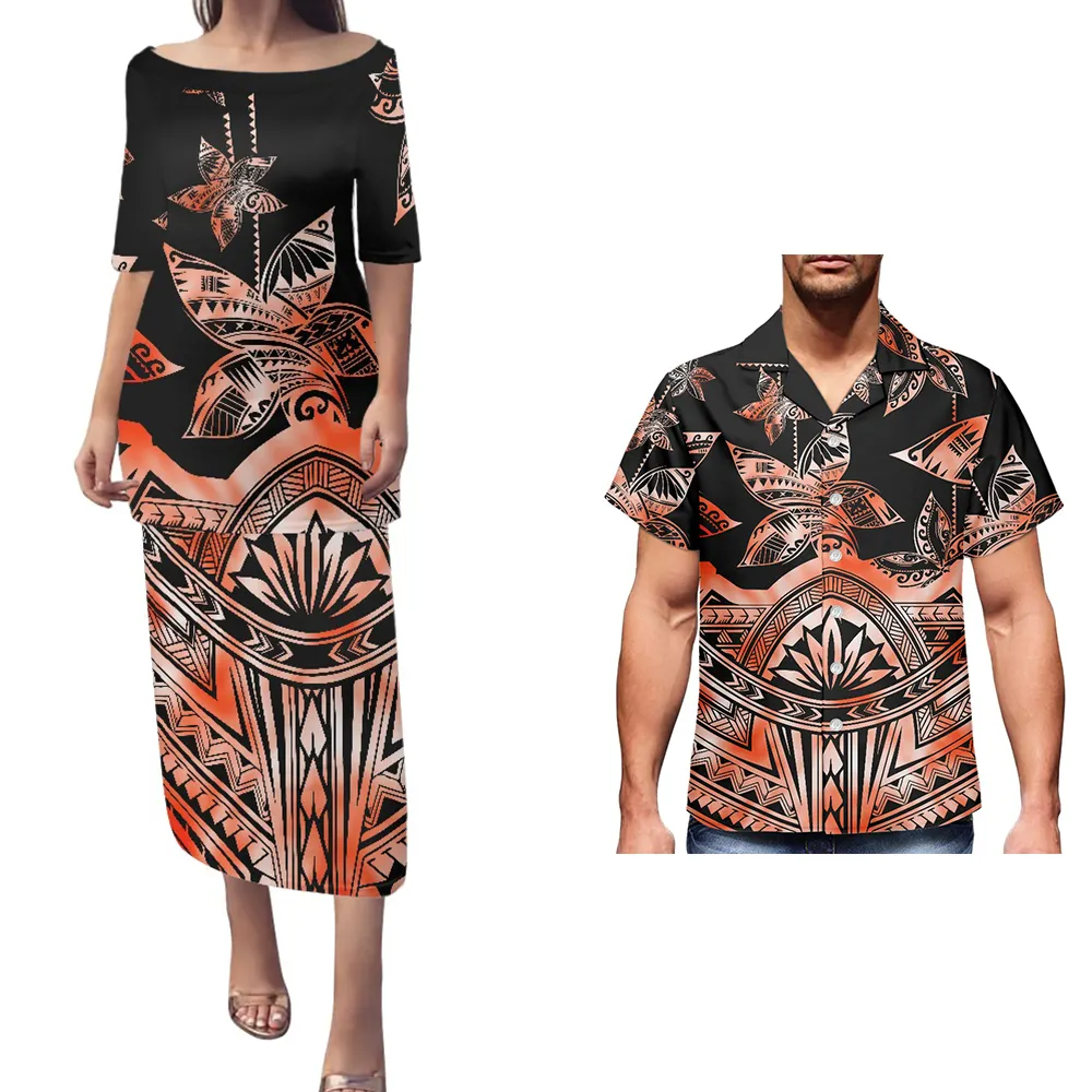 Falda larga personalizada para hombre y mujer, vestido con volantes y hombros descubiertos, playera a juego con diseño de moda para pareja de verano polinesian