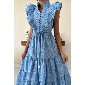 Robe de soirée modeste bleue à volants et boutonnée, personnalisable avec logo, tailles XS-XL, vêtements décontractés grande taille pour le club, translucide - Product Image 1