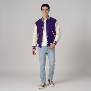 <b>Mens</b> Varsity <b>Jacket</b> Purple and <b>White</b> Custom Letterman Baseball Bomber College <b>Jacket</b> with PU Leather Sleeves OEM Manufacturer - Product Image 1