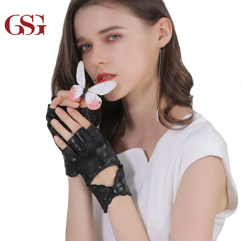 Fashion Sexy Laser Embroidery Cosplay Dress Accessories Black Beige Unlined Women Half Finger Fingerless Driving Leather Gloves