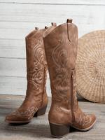 Bottes de cowboy vintage brodées sur mesure pour femmes, hauteur genou, bout pointu, talon bloc empilé, vente en gros