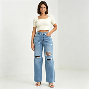 High Waist Ripped Wide Leg <strong>Jeans</strong> <strong>Women</strong> Distressed Slimming Stretchy Denim Pants Wholesale Factory - Product Image 1