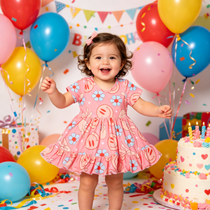 Robe trapèze en bambou/coton pour filles, longueur genou, écologique, à volants et manches courtes, pour bébés et tout-petits - Vente en gros Cd-5-4 - Product Image 5