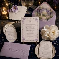 Ensemble de cartes d'invitation de mariage personnalisées avec enveloppe, bordure gaufrée étoile lavande, monogramme et doublure motif jardin aquarelle