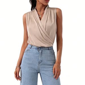 Women's Satin Wrap Front Sleeveless Blouse - Cowl Neck Casual <b>Top</b> Shirt Fashion - Product Image 1