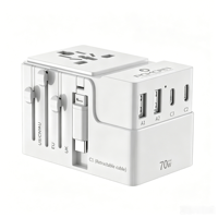 Adaptateur de voyage ignifuge Foxcan GaN 70W 3 USB-C + 2 USB-A PD avec câble pour ordinateur portable, téléphones mobiles, écouteurs et appareil photo
