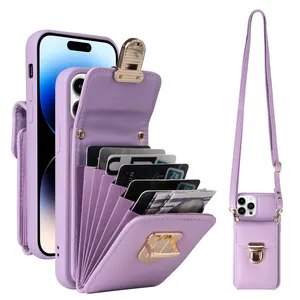 Popüler Crossbody telefon kılıfı ve cüzdan deri iPhone 15 Pro cep telefonu çanta omuz çantası