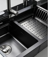 Évier de cuisine multifonction en acier inoxydable 304 noir nano, fait main, double bac, avec robinet à quatre trous, accessoires d'évier de cuisine moderne