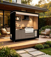 Cuisine extérieure moderne 2026 en aluminium avec volet roulant, armoire de cuisson intégrée complète avec robinet et système d'éclairage LED