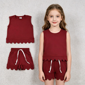 Summer Toddler Girls 2-Piece <b>Maroon</b> Sleeveless Tank <b>Top</b> and Shorts Set with Scallop Trim Comfortable Solid Color Outfit - Product Image 1