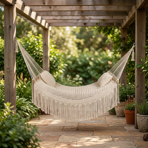 Modern Macrame Foldable Hammock <b>Bed</b> with Throw <b>Pillows</b> for Indoor/Outdoor Use Patio & Bedroom Swings - Product Image 2