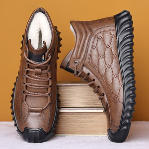 Bottes de neige montantes en cuir de vachette pour homme, chaudes, à lacets, doublées polaire, confortables, style Dad Shoes, marron et noir - Product Image 1