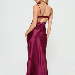 Vestido largo de satén burdeos con encaje, cuello en V, espalda descubierta, sexy, ajustado, para fiesta, con cintura imperio - Product Image 5