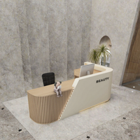 Bureau de réception en bois en forme de L, personnalisé, moderne, minimaliste, avec panneaux cannelés et éclairage LED pour salle de sport