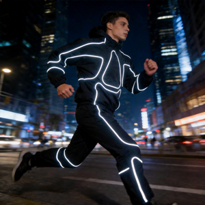 Chaqueta con capucha y cremallera reflectante 3M con logotipo bordado personalizado, conjunto de chándal de nailon estilo urbano con rayas y cuello alto para hombre - Product Image 1