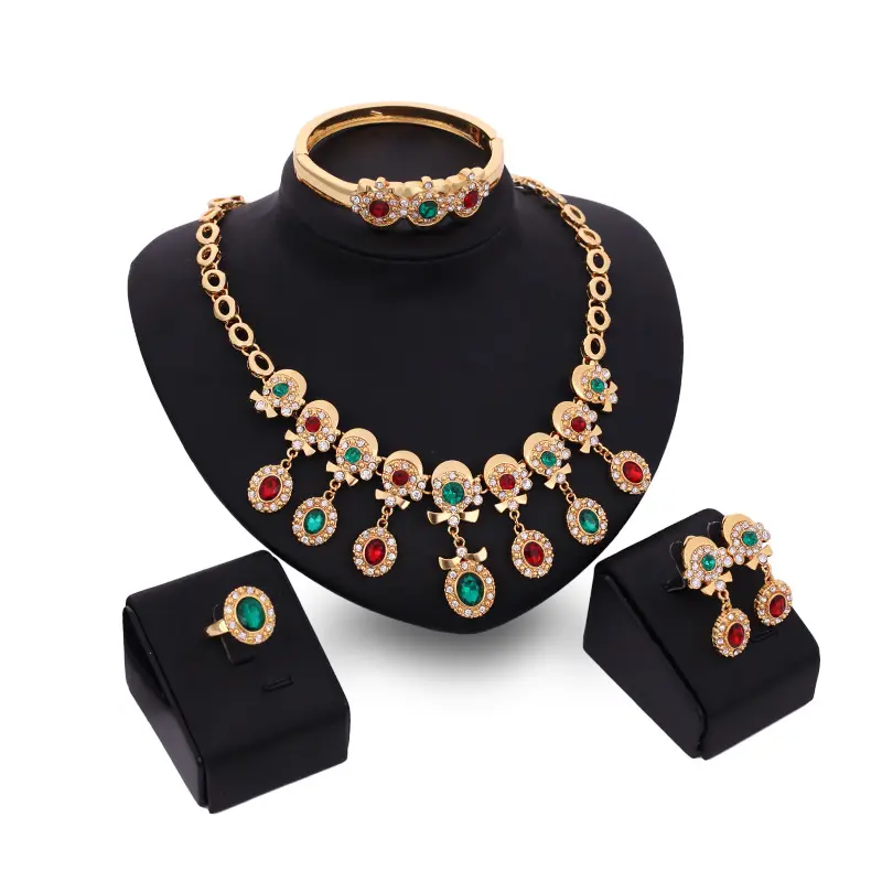 Morocco 18K Gold Plated Colorful Diamond Water Drop Inlaid Necklace Earrings Bracelet Ring Bride Wedding Women's Jewelry Set