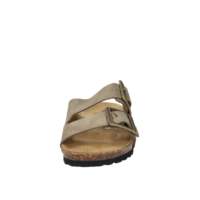 Sandales plates Valleverde à bout ouvert en cuir véritable taupe avec boucle, chaussures confortables à enfiler pour femmes