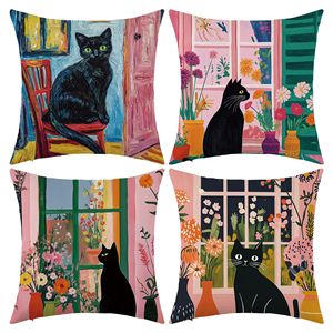 Funda de almohada cuadrada con diseño de gato negro, funda de cojín lavable con patrón de dibujos animados bohemios para decoración de sofá de sala de estar - Product Image 1