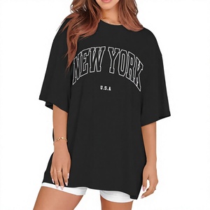 เสื้อยืดผ้าฝ้ายโอเวอร์ไซส์สำหรับผู้หญิง คอกลม แขนสั้น พิมพ์ลายตัวอักษร เสื้อถัก สวมใส่สบายๆ ในฤดูร้อน - Product Image 3
