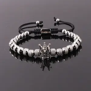 New Design Custom Stainless Steel Beads CZ Crown Charm Macrame Bracelet WIth Logo JBS12439