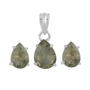 925 Sterling Silver Pendant Earrings Jewelry Set Teardrop Cut Green Amethyst Gemstone Handmade Design For Women - Product Image 1
