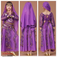 Ensemble de costumes de danse orientale en polyester à paillettes brillantes, tenue de performance orientale, robe Saidi arabe, robe Baladi, écharpe pour filles et enfants