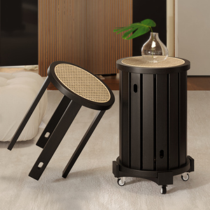 Solid Wood <b>Stool</b> Round Stackable Rattan Top Home Use Furniture - Product Image 1
