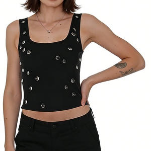 Top corto sin mangas con cuello cuadrado para mujer - Top ajustado acanalado con adornos de gotas, estilo chaleco a la moda - Product Image 2